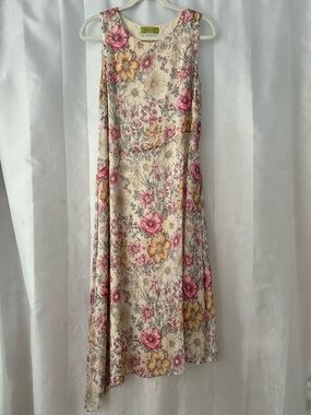 Possibility L Asymmetrical Silk Cream Maxi Dress with Pink & Yellow Floral